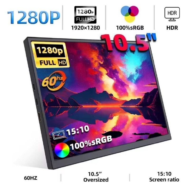 MONITOR PORTÁTIL ZSUS 10 Pol, FHD, 60Hz, IPS, 100% sRGB