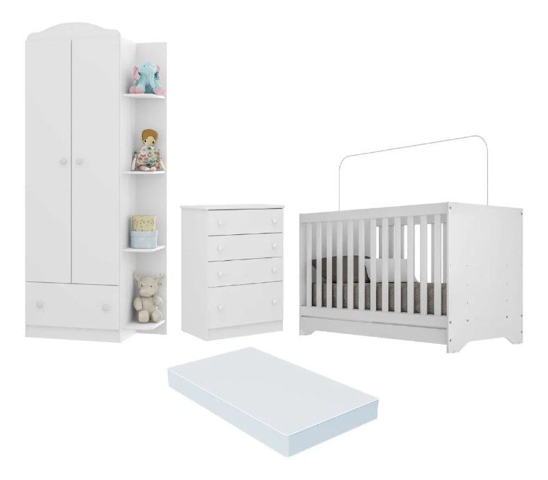 Quarto Infantil Completo João e Maria com Berço 3x1 e Colchão Incluso Multimóveis Branco - Colorido