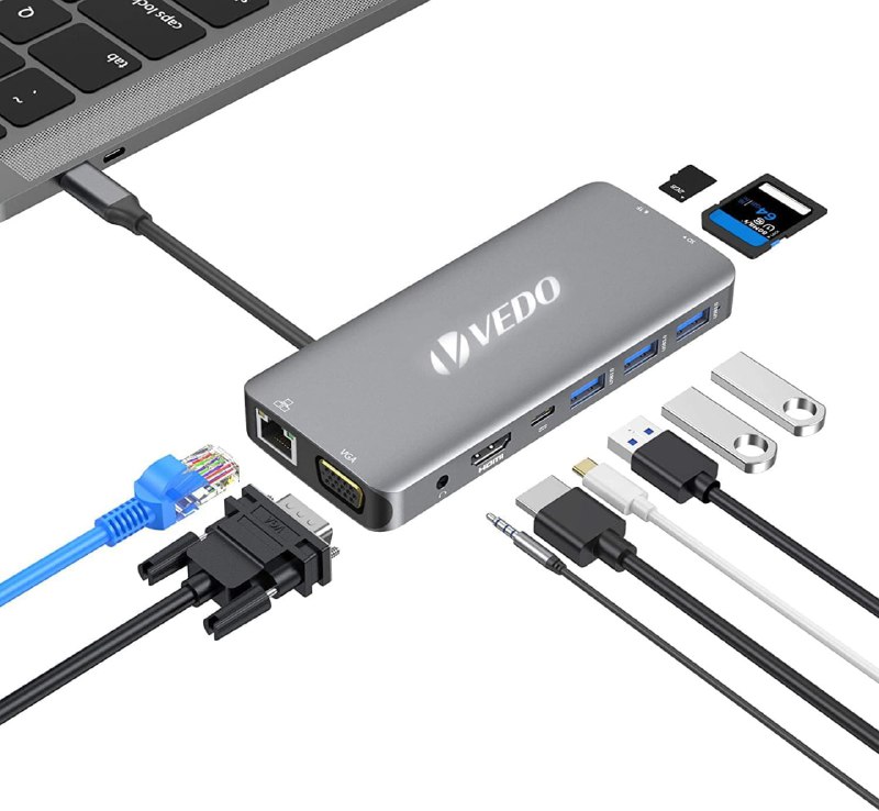 Hub Multiport - Dongle portátil 10 em 1 com HDMI 4K, VGA, Ethernet, 3 portas USB, áudio, carregador PD, leitor de cartões SD Micro SD