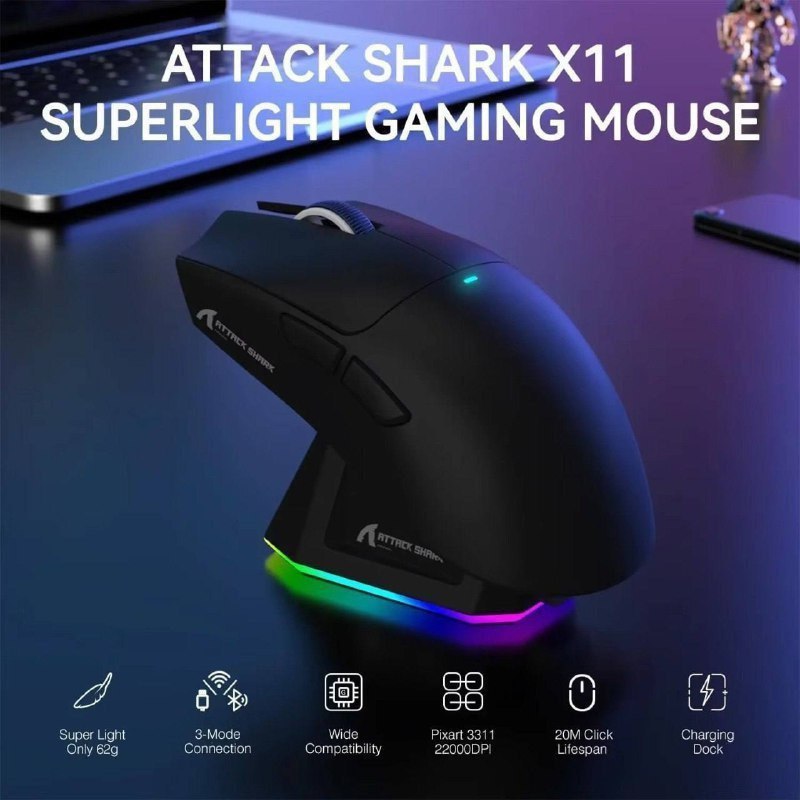 Mouse Sem Fio com Dock Attack Shark X11