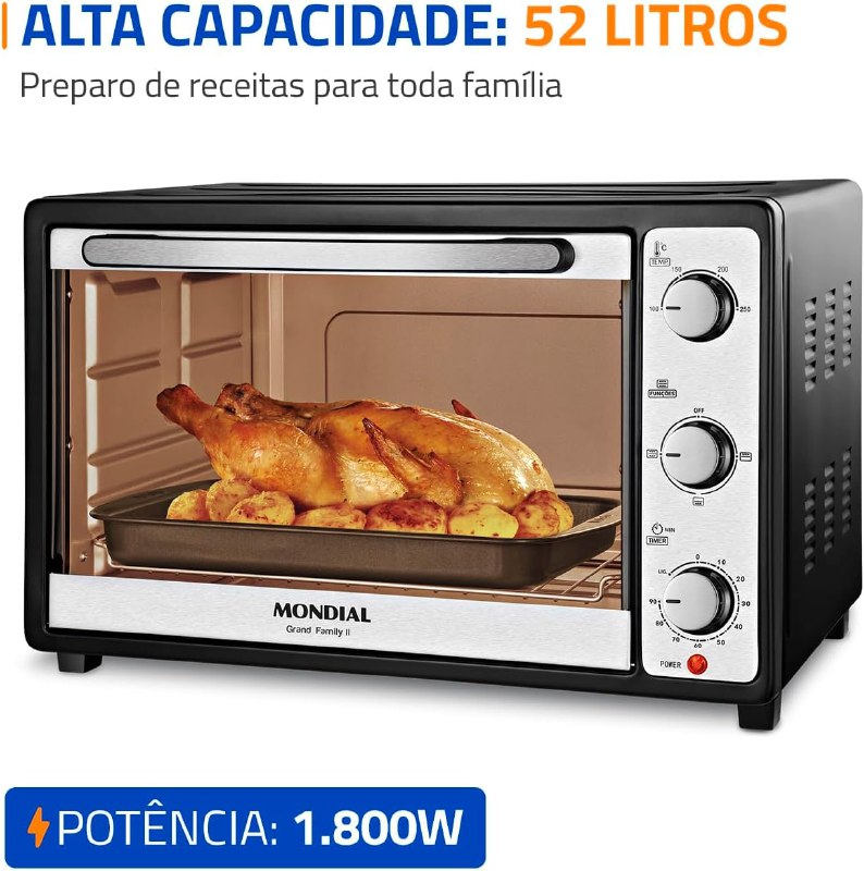 Forno Elétrico 52L Grand Family II, Mondial, Preto-Inox, 1800W, 220V - FRN-52-B