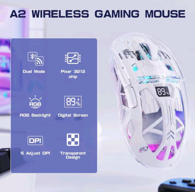 Mouse Attack Shark sem fio RGB Freewolf A2, sensor Pixart paw3212