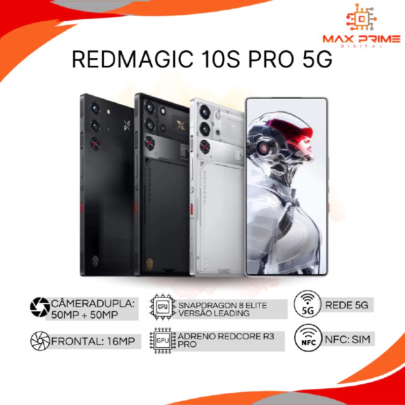 Redmagic 10S Pro 5G, Câmera dupla 50MP+50MP, Processador Snapdragon 8 Elite, Bateria 6500mAh, 7050mAh,Versão Global