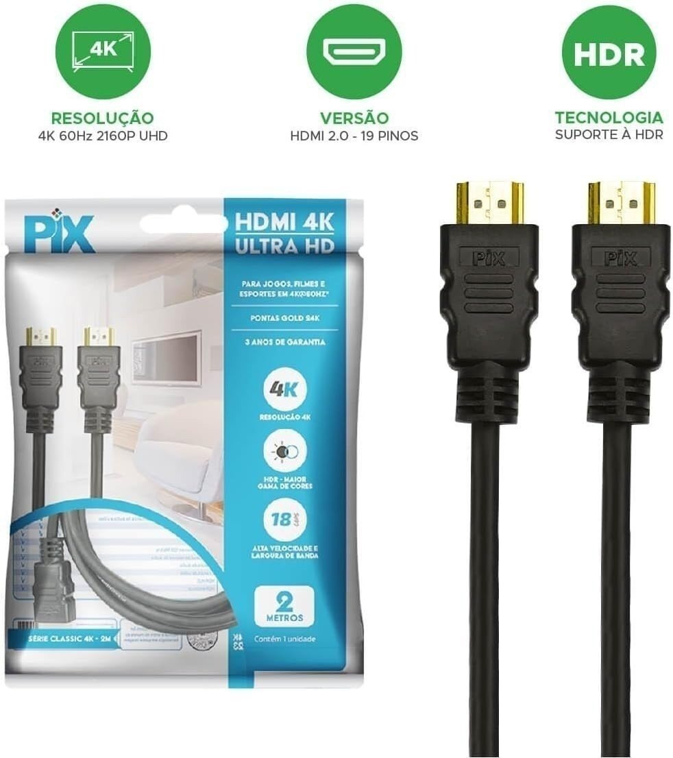 Cabo HDMI 2.0 Pix Gold 4K HDR 2 Metros - Preto