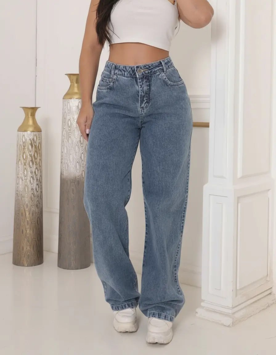 Calça Jeans Wide Leg Feminina Cintura Alta Stillge