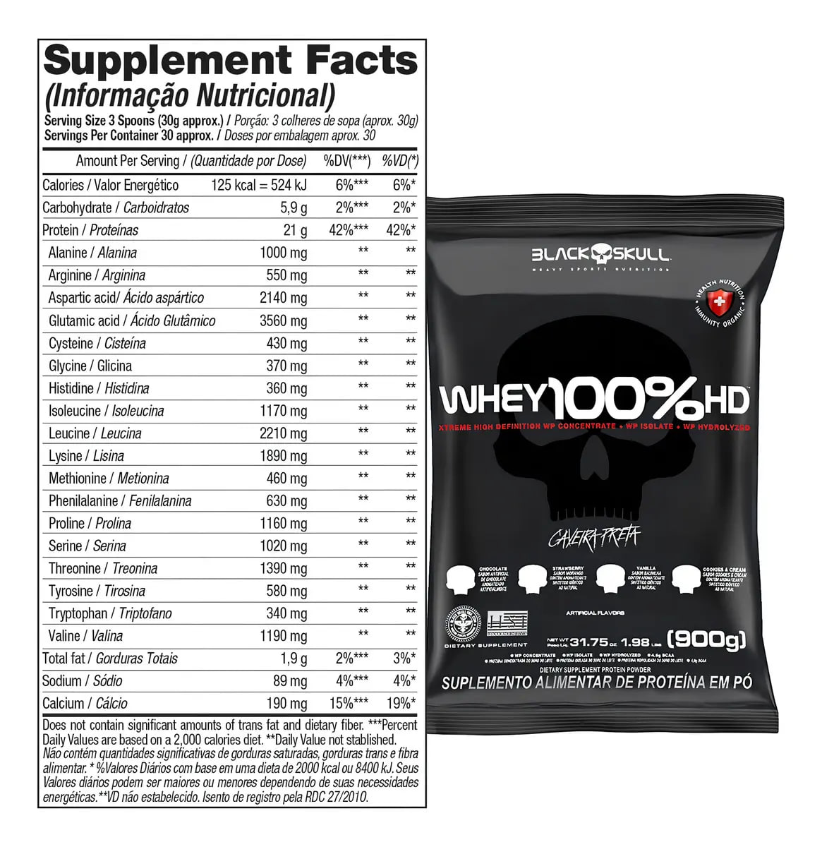 Whey 100% HD Refil Black Skull 900g Baunilha