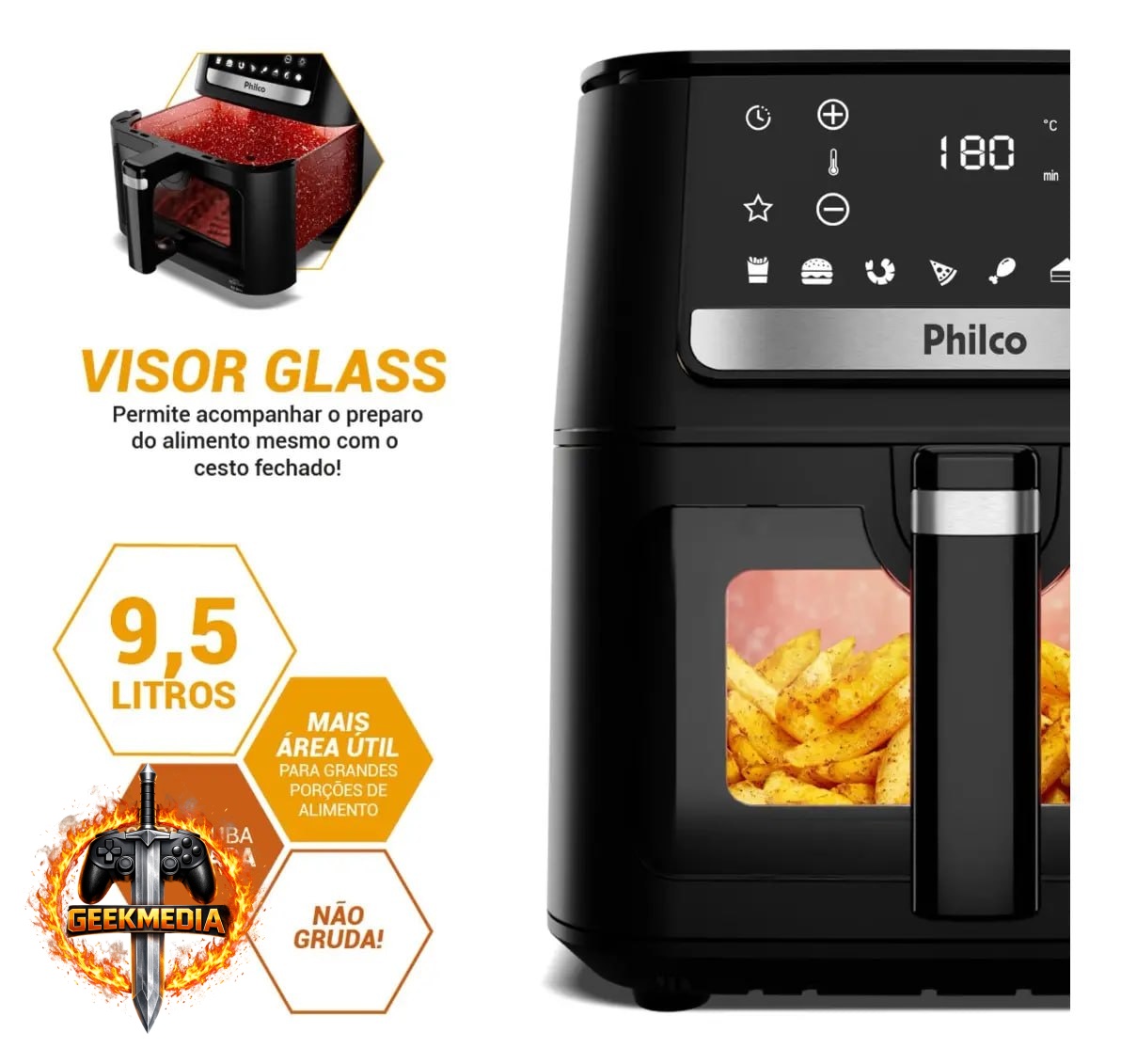 Philco Air Fryer 9,5L Visor Glass Redstone 1800W