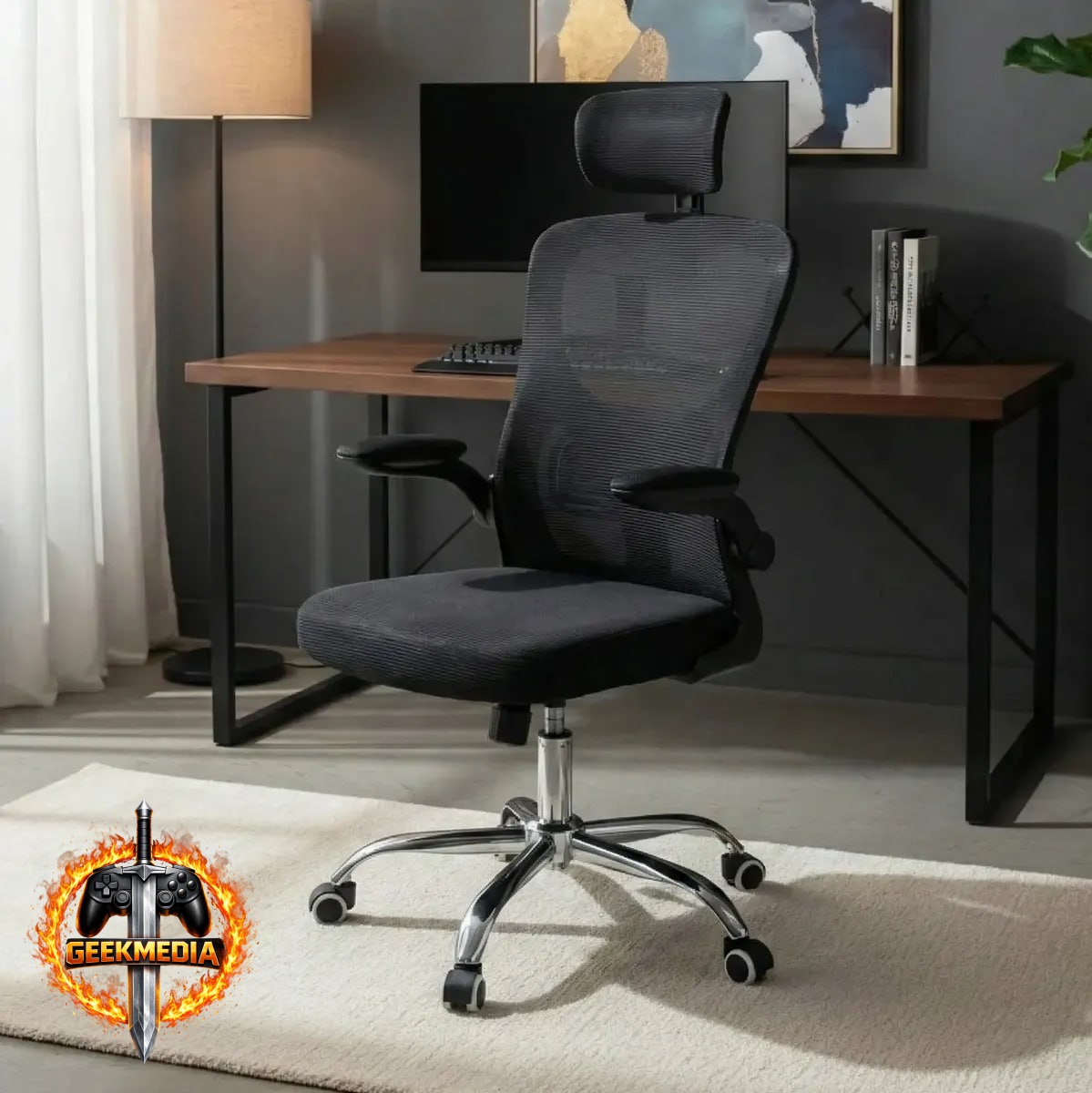 Cadeira de Escritório Ergonômica com Braço Ajustável e Encosto de Cabeça