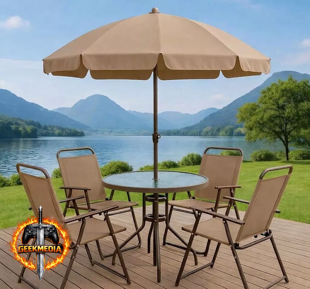 Conjunto de Mesa com 4 Cadeiras e Guarda Sol para Jardim e Piscina