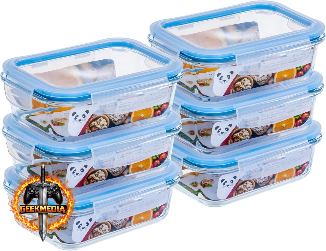 Kit 6 Potes de Vidro Hermético Gato Panda 640ml