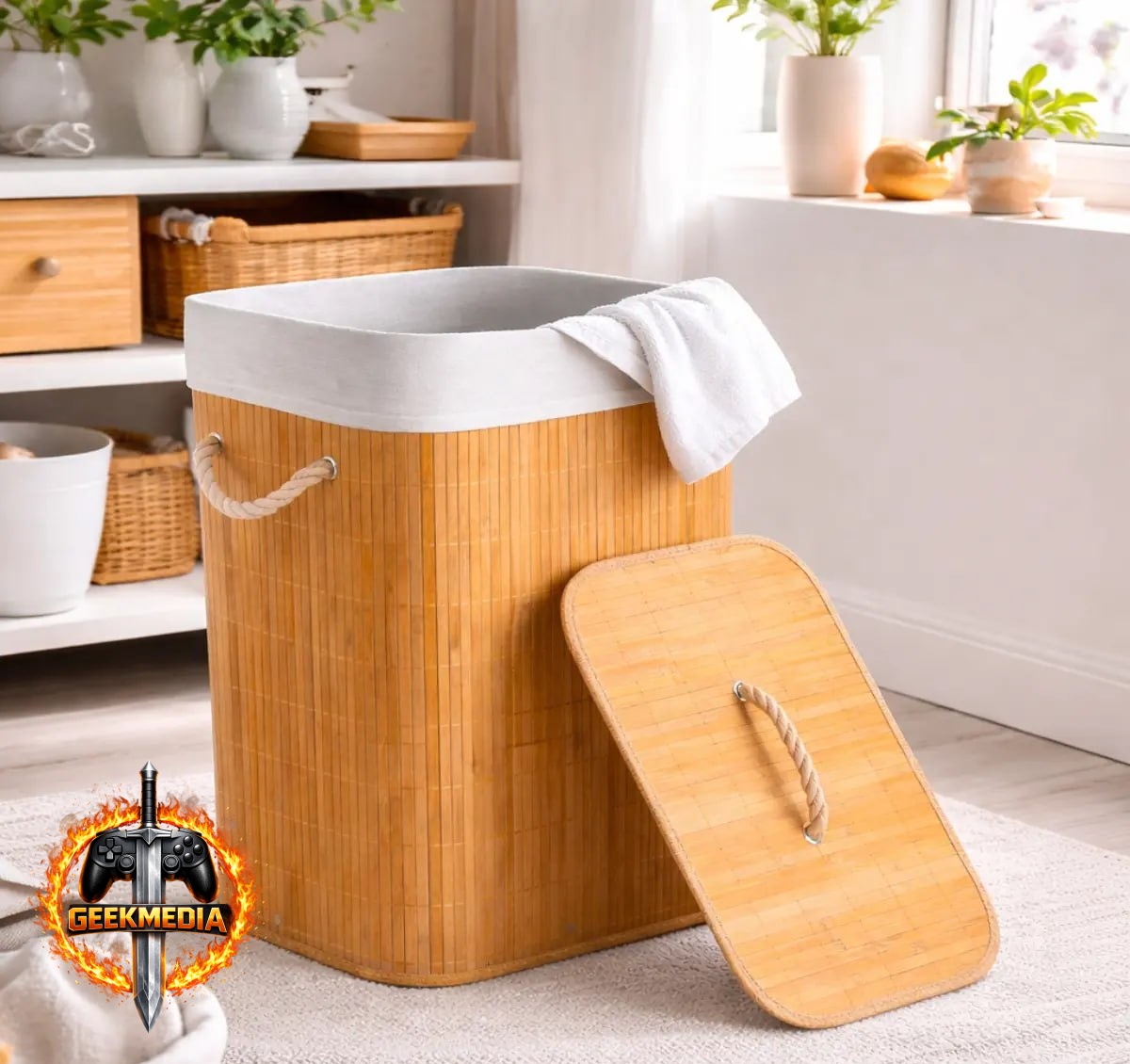 Cesto de Roupa Suja Bambu Dobrável 72 Litros