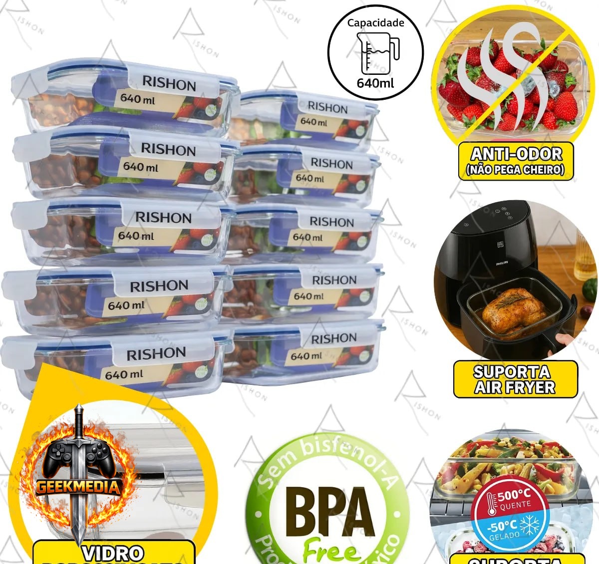 Kit 10 Pote De Vidro Marmita Hermético 640ml