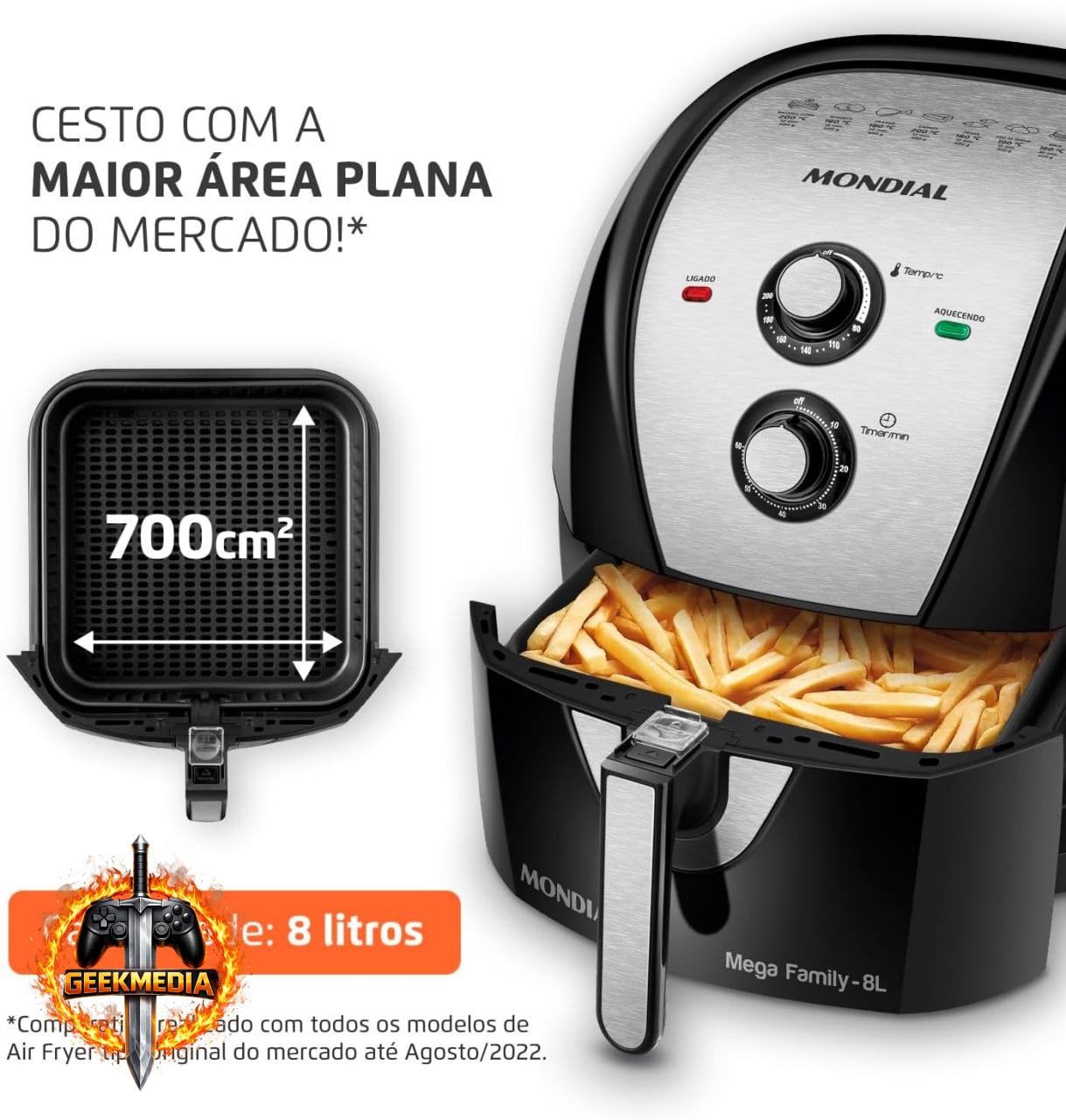 MONDIAL Fritadeira Sem Óleo Air Fryer 8L - 1900W - Preto/Inox