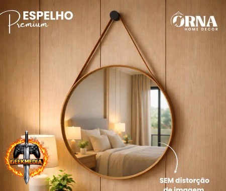 Espelho Adnet Redondo com Alça em Couro Costurado