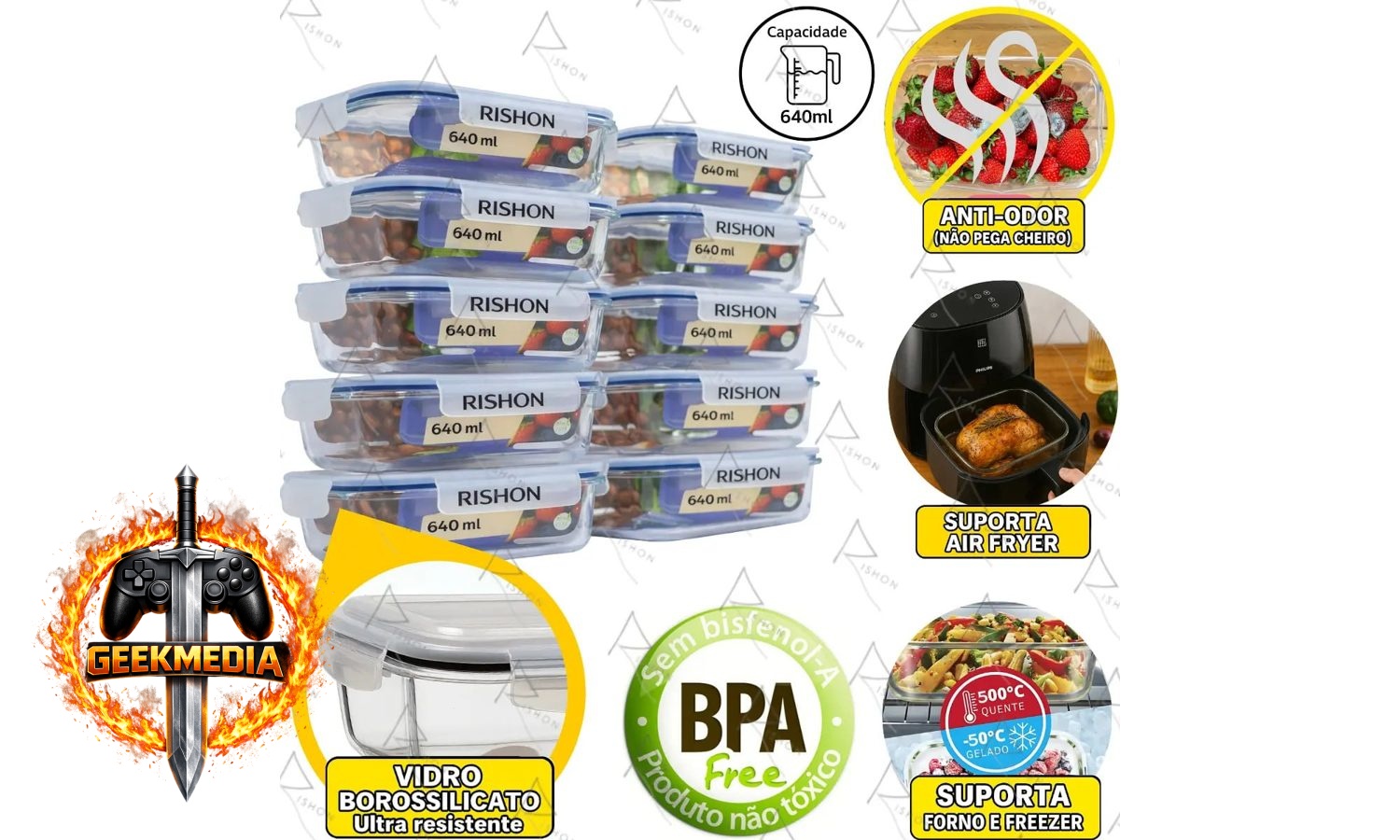 Kit 10 Pote De Vidro Marmita Hermético 640ml