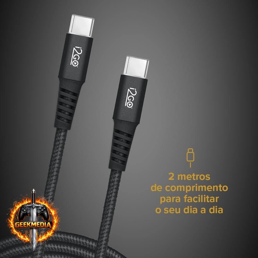 Cabo USB-C I2GO PRO 2m 3A Nylon Trançado Preto