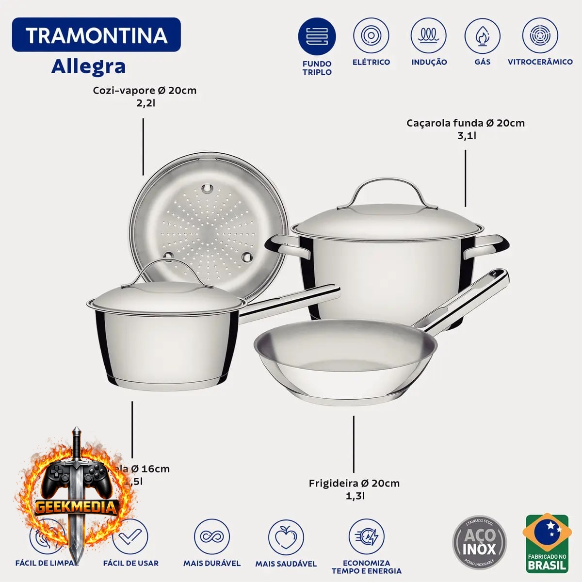 Jogo De Panelas Allegra Tramontina 4 Peças Aço Inox Fundo Triplo