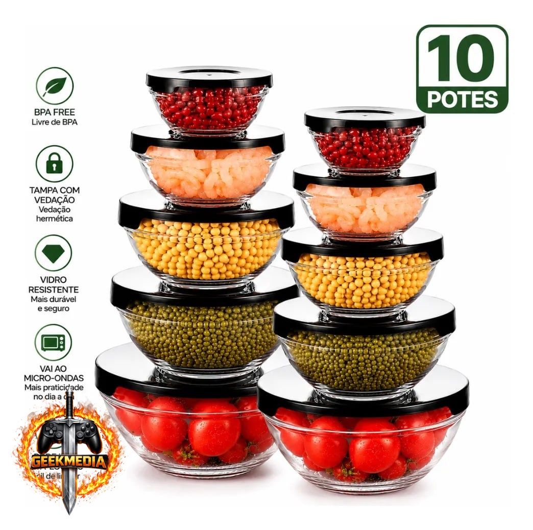 Conjunto de 10 Potes de Vidro Organizadores para Cozinha