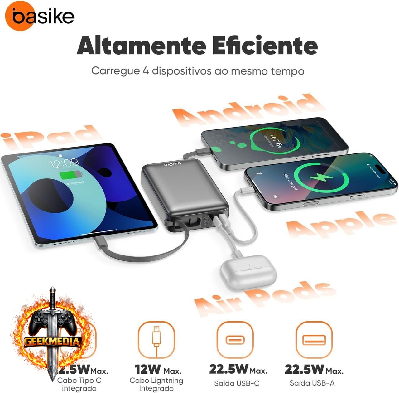 Power Bank Basike 20000mAh com Cabos Integrados