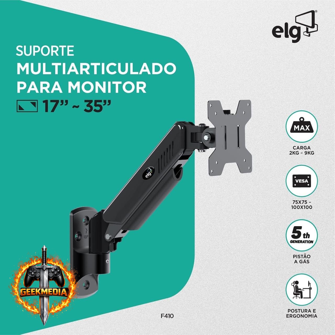 Suporte Articulado ELG F410 para Monitor 17" a 34"
