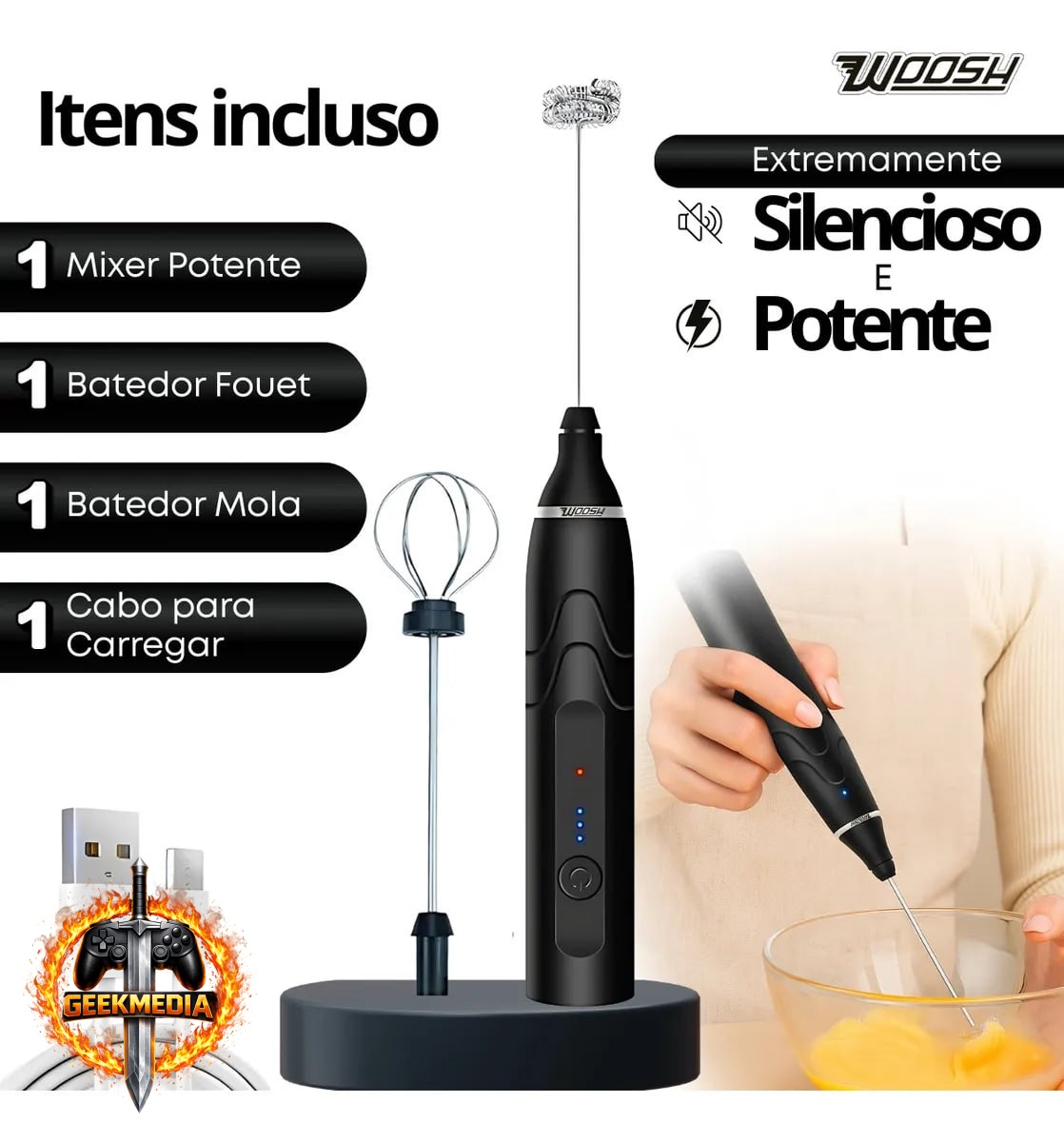 Mixer Elétrico Portátil 2 em 1 Recarregável Woosh