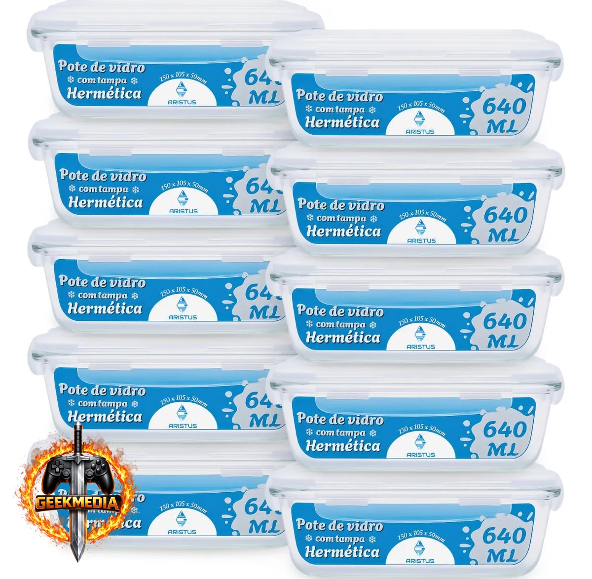 Kit 10 Potes Vidro Hermético Aristus 640ml