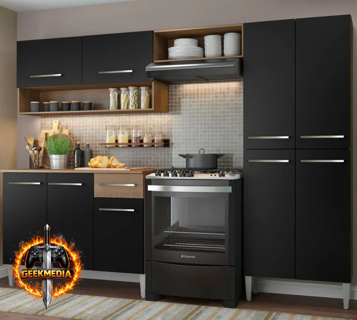Armário de Cozinha Modulada Completa Emilly Pop Rustic/Preto