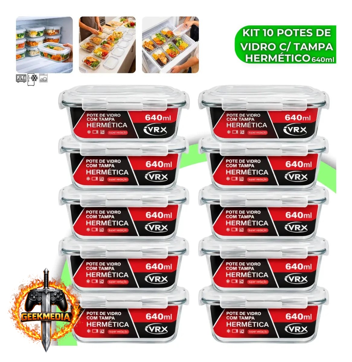 Kit 10 Potes de Vidro Herméticos 640ml