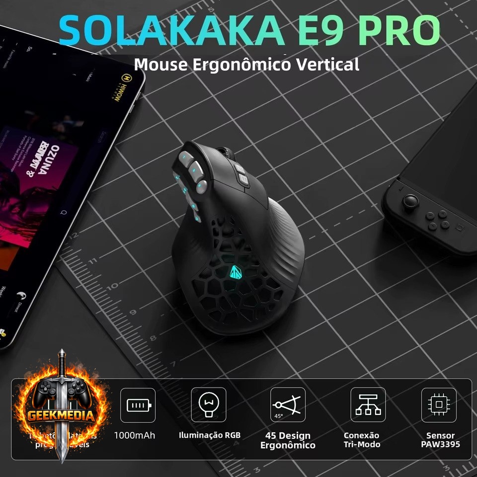 Mouse Gamer Ergonômico SOLAKAKA E9 Pro MMO