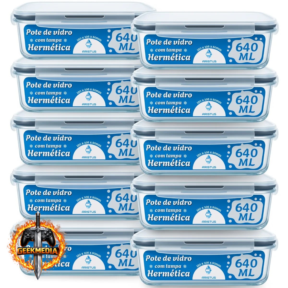 Kit 10 Potes Vidro Hermético Aristus 640ml