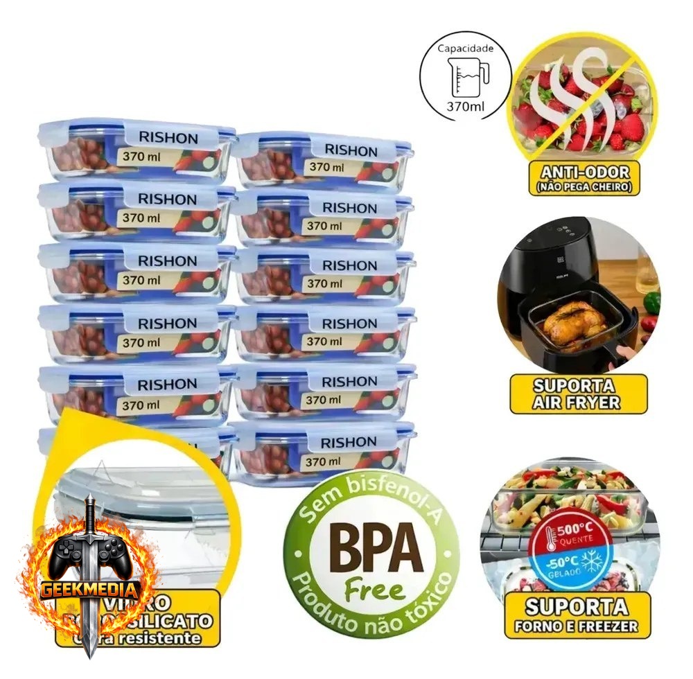 Kit 10 Potes de Vidro 370ml Herméticos