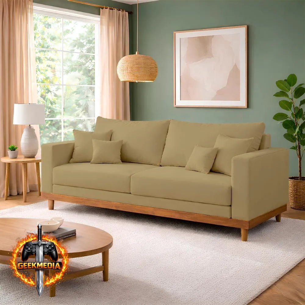 Sofá Living 2 Lugares Suede Resistente Madeira  Almofadas
