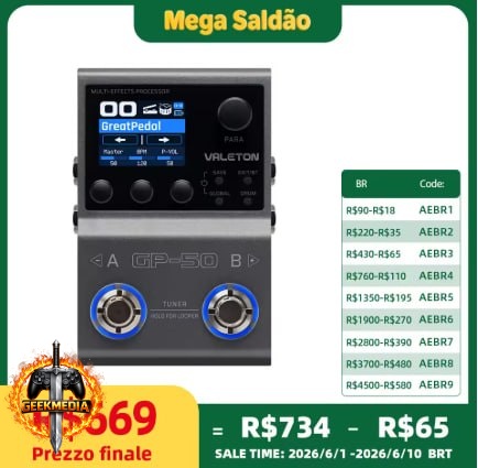 Processador Multi-Efeitos VALETON GP-50 para Guitarra/Baixo