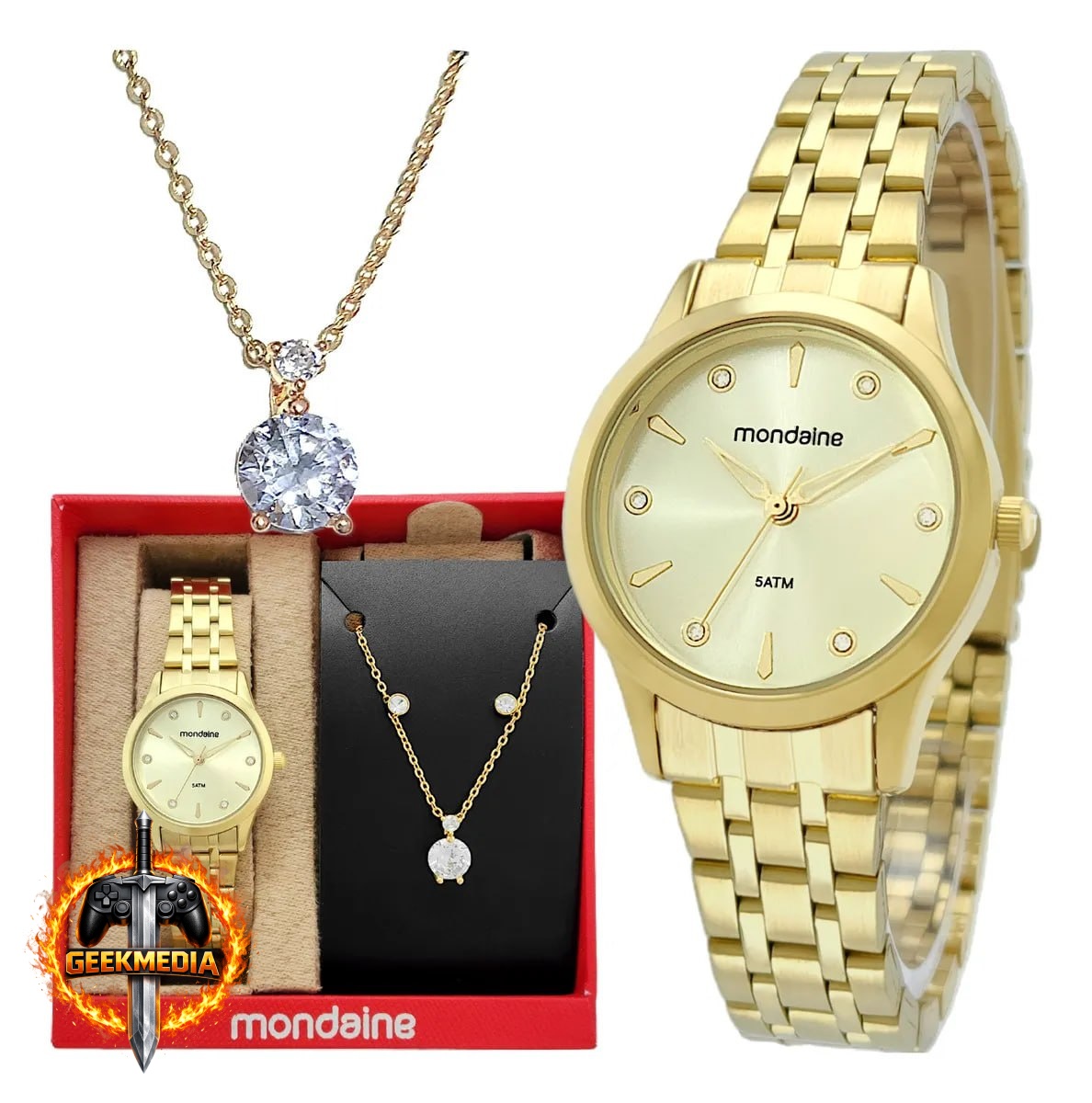 Mondaine Kit Relógio Feminino Dourado com Colar e Brincos