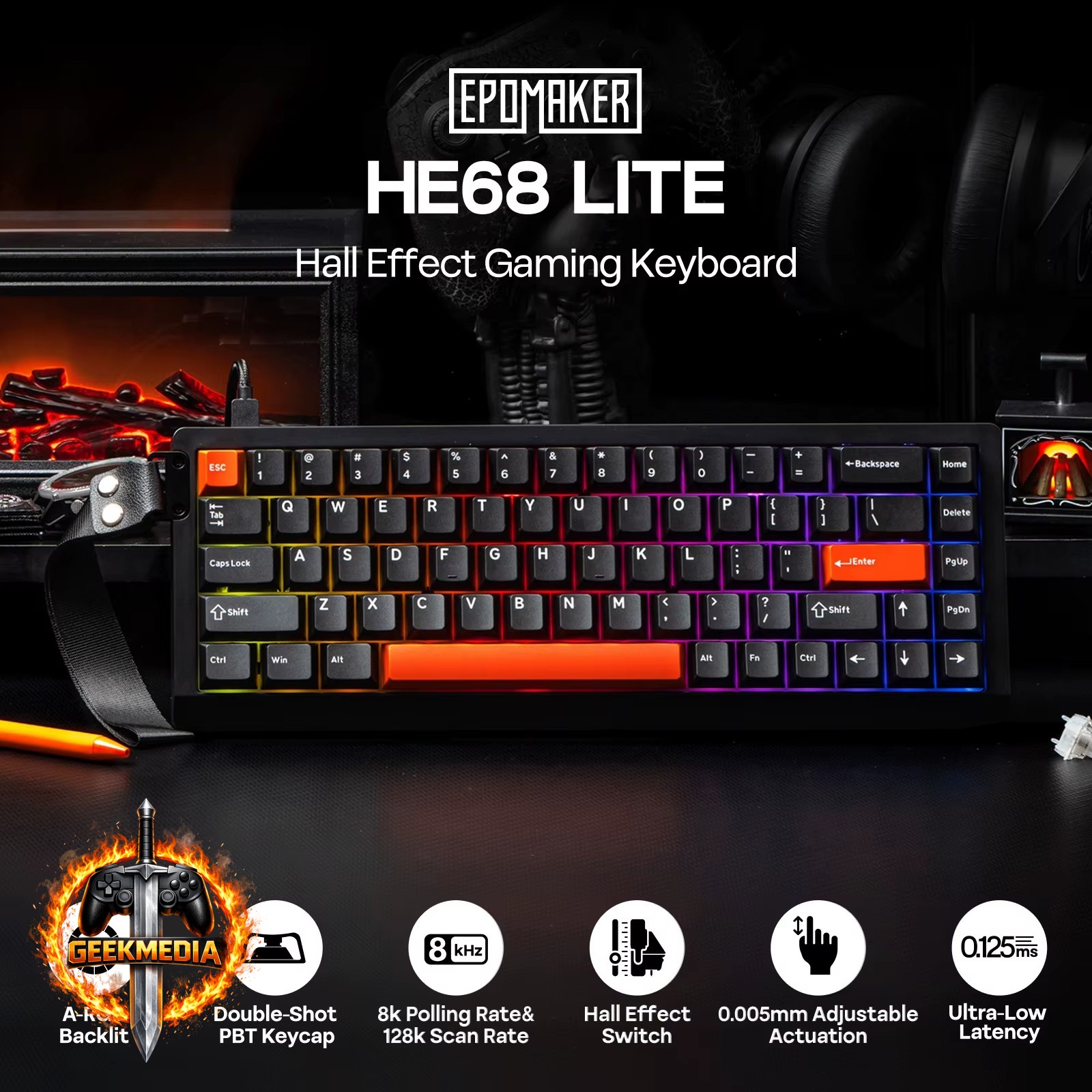 Teclado Magnético Epomaker HE68 Lite 65% RGB com Fio