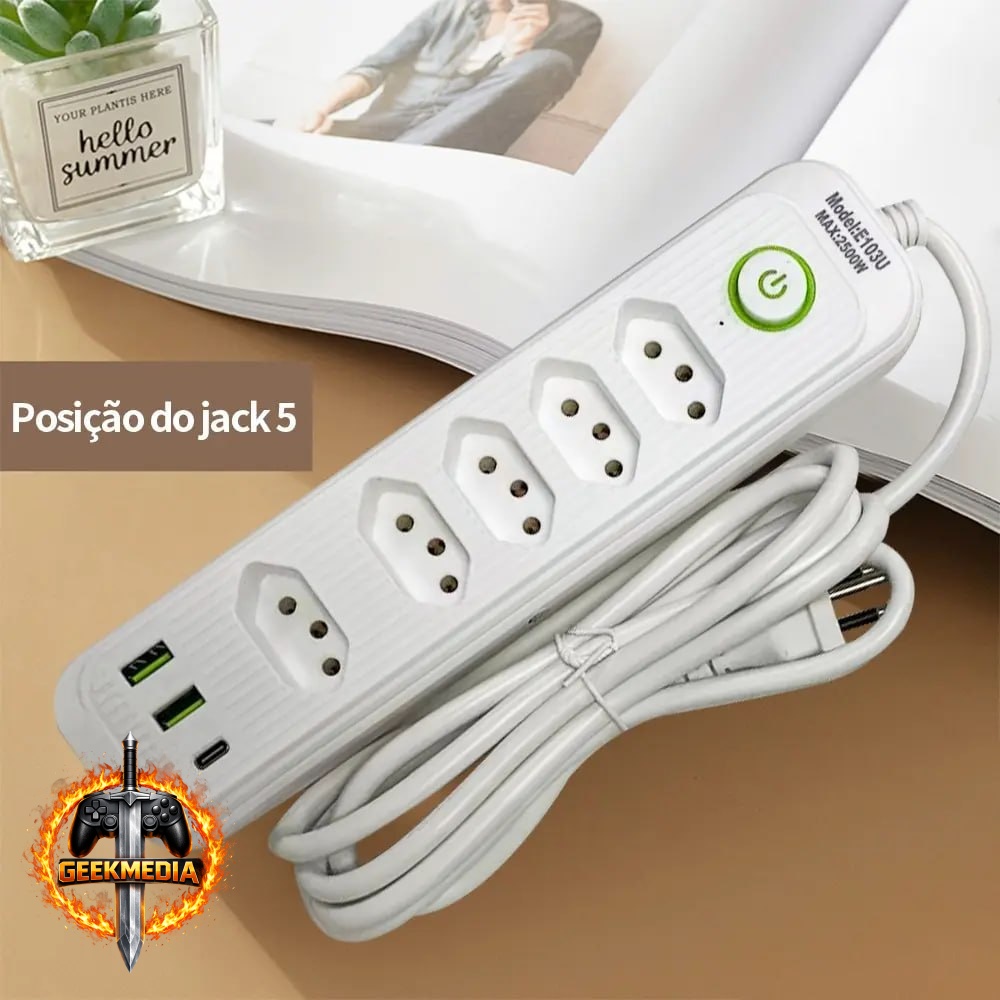 Extensão 5 Tomadas 2 USB 1 PD LED Bivolt