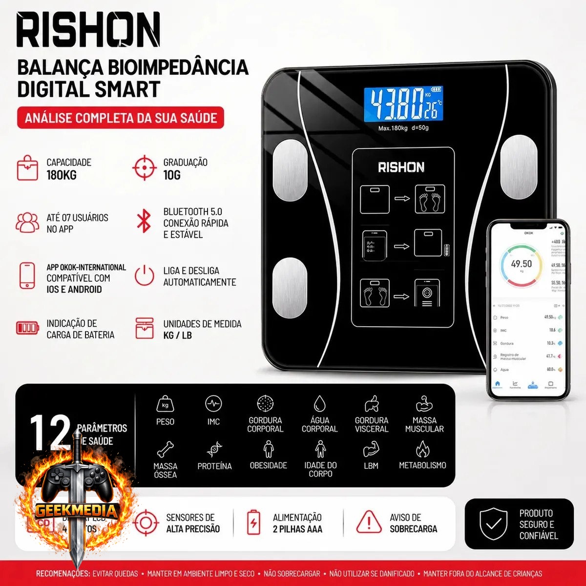Balança Bioimpedância Digital Rishon 180kg Smart com Aplicativo