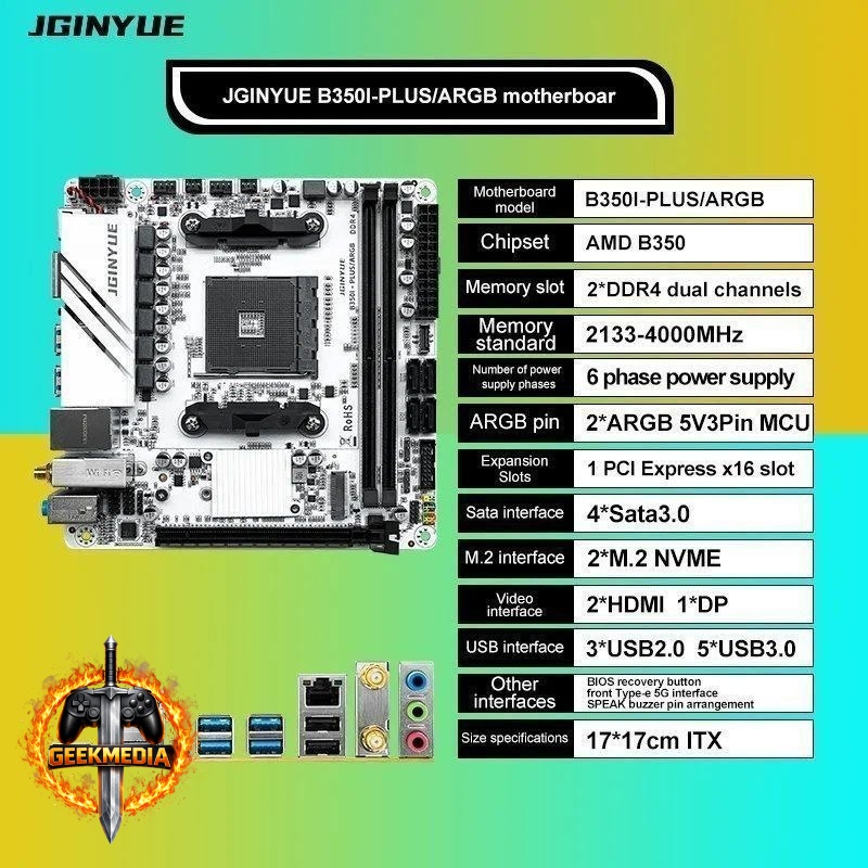 Placa mãe AM4 JGINYUE B350i ITX PLUS ARGB