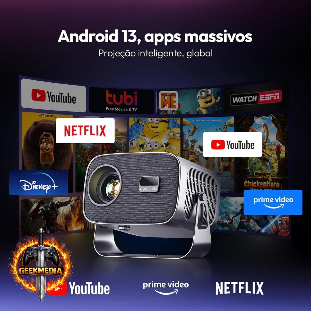 Mini Projetor VEVSHAO A12 Full HD 1080P 4K Android
