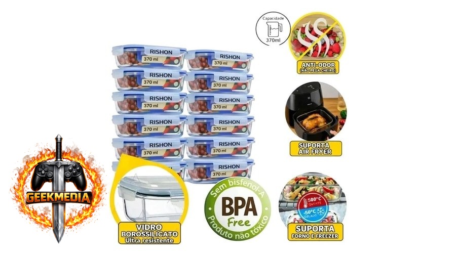 Kit 10 Potes de Vidro Herméticos Rishon 370ml