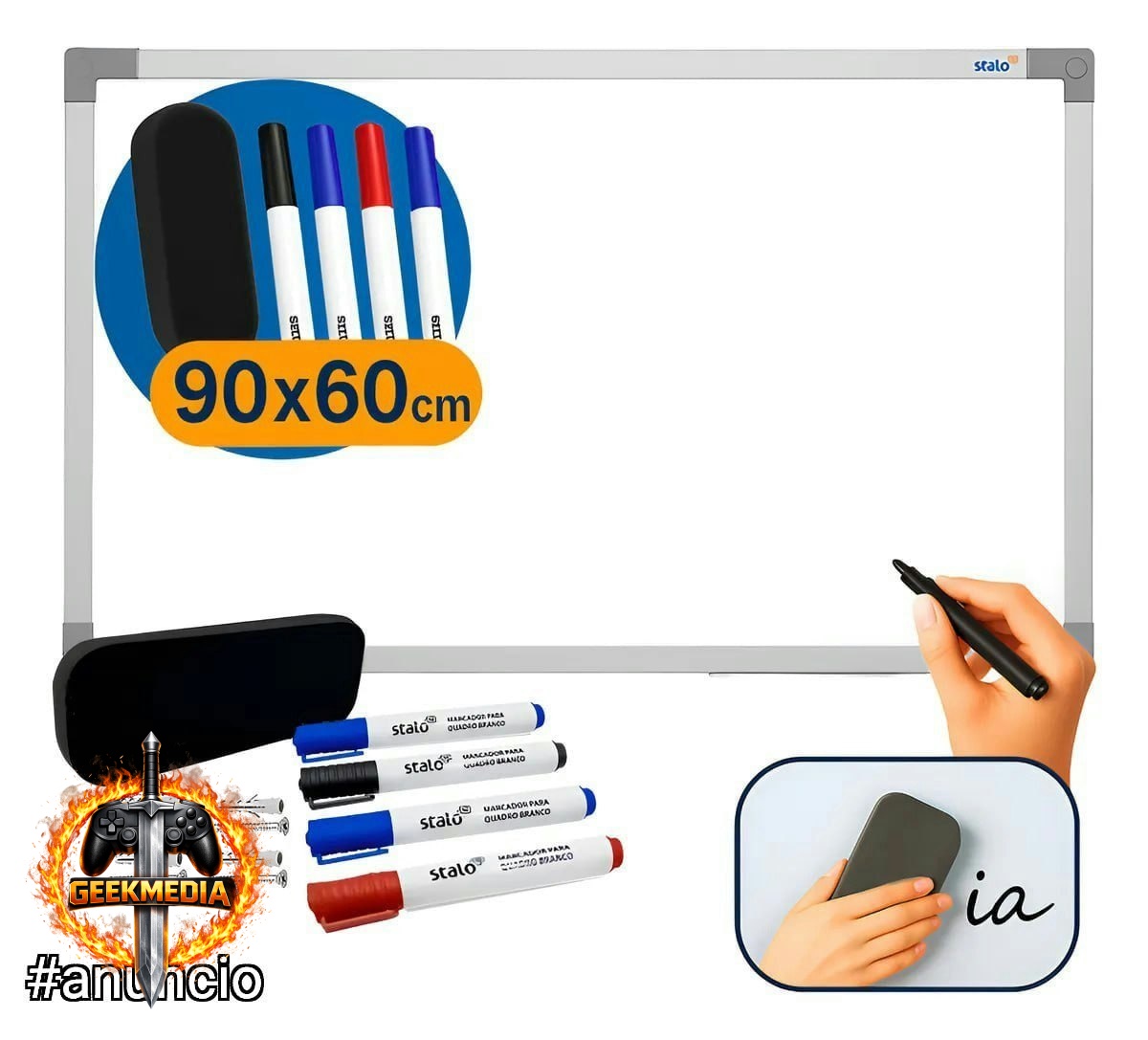 Quadro Branco 90x60 Stalo com Apagador e 4 Canetas