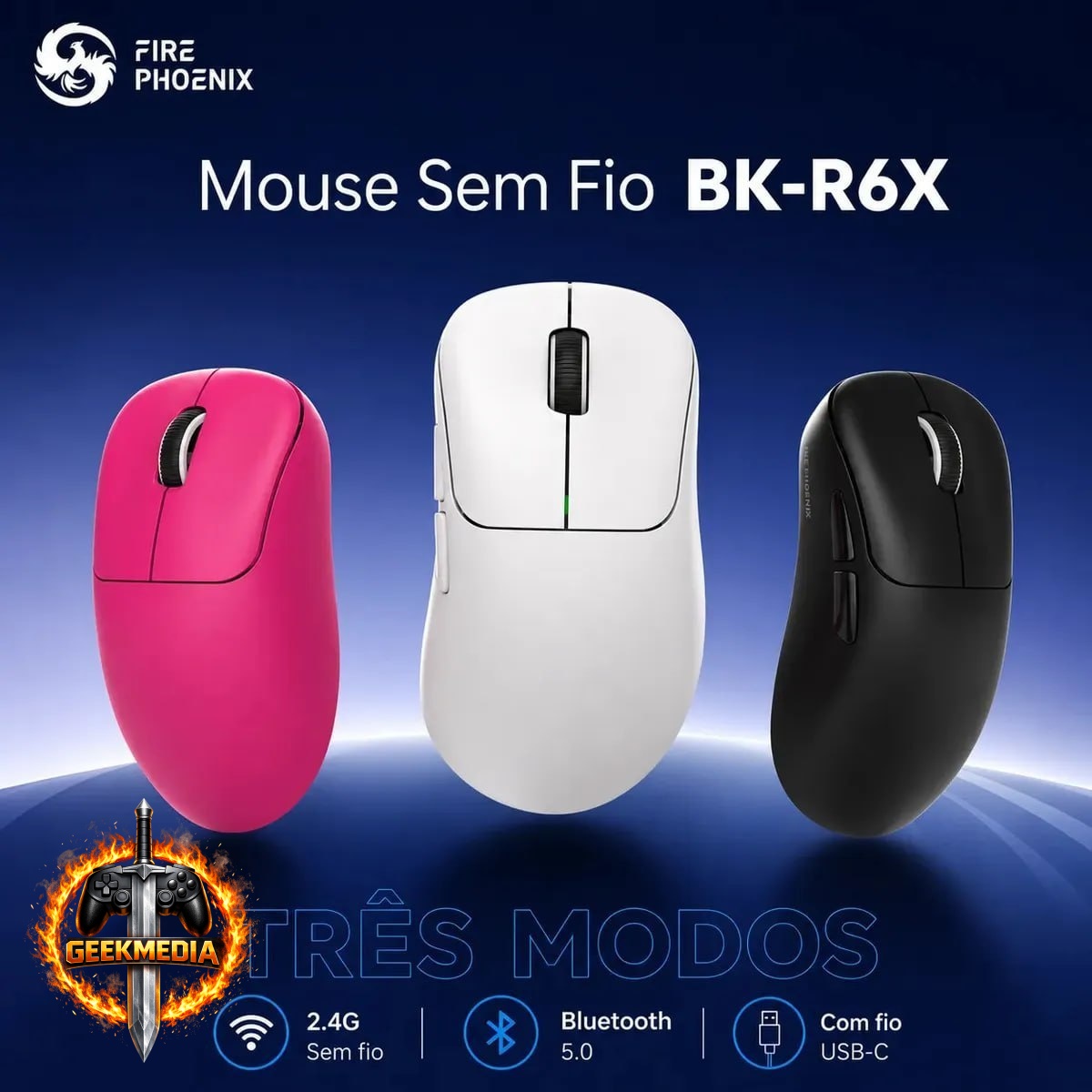 Mouse Gamer Sem Fio 18000dpi Fire Phoenix Bk-r6x