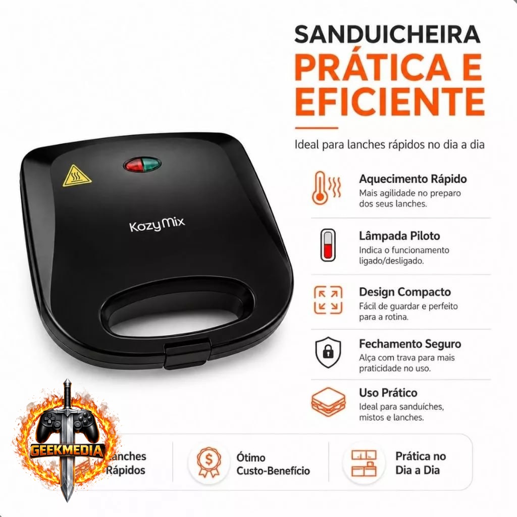 Sanduicheira Elétrica Para Lanches 127V Antiaderente Preta