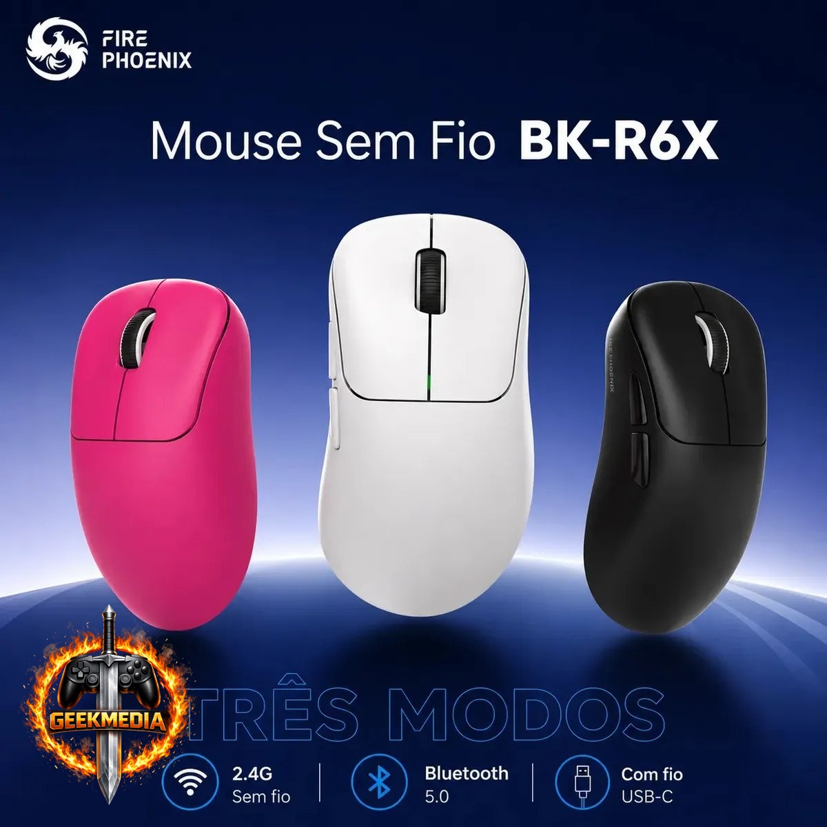 Mouse Gamer Sem Fio Tri Mode Bluetooth 18000dpi