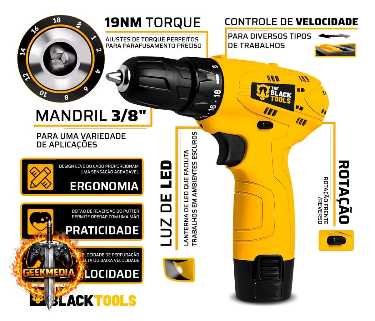 Parafusadeira Furadeira The Black Tools TB12A 3/8