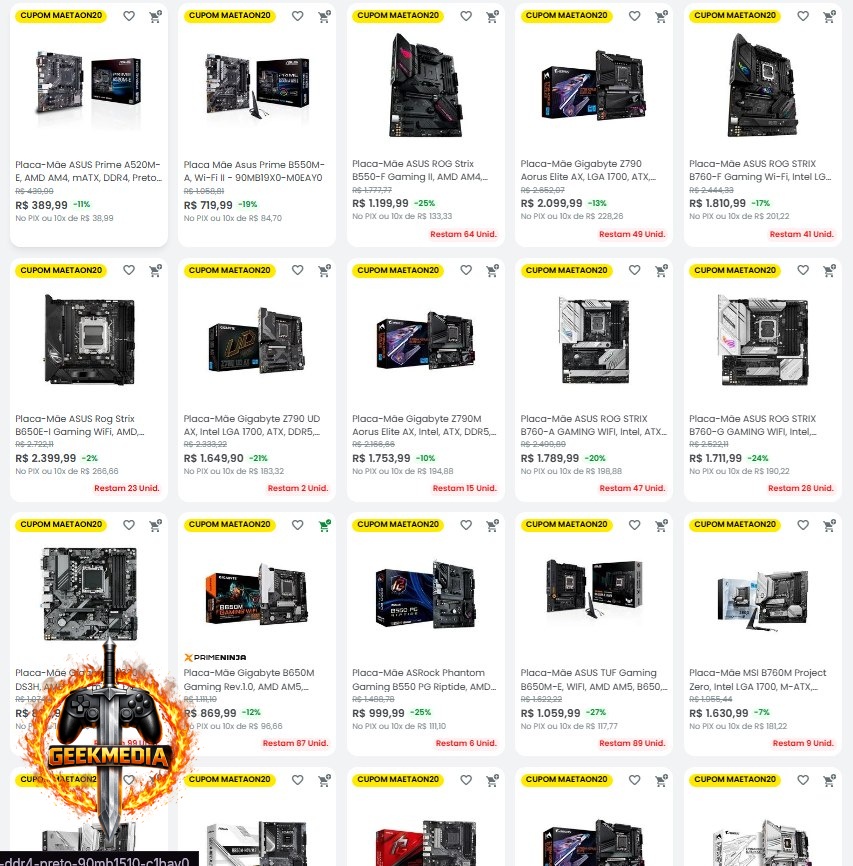 Cupom Kabum 20% OFF em Placas Mãe Selecionadas