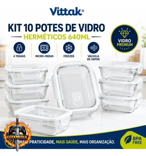 Kit 10 Potes Vidro Hermético Empilhável