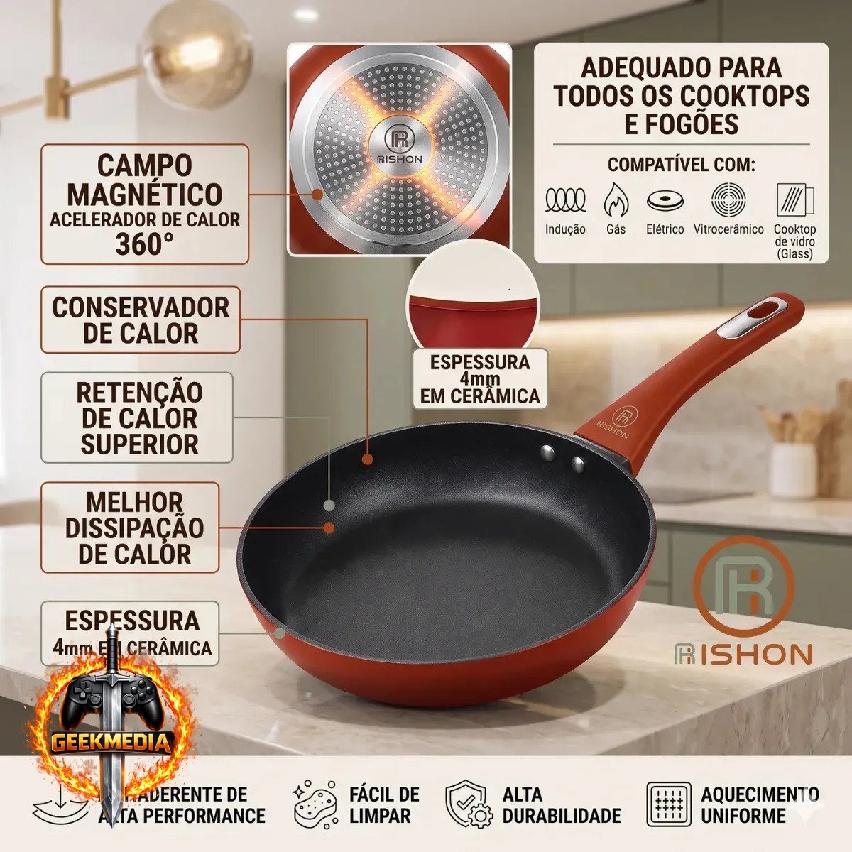 Frigideira Cerâmica Antiaderente Rishon Vermelha 20cm