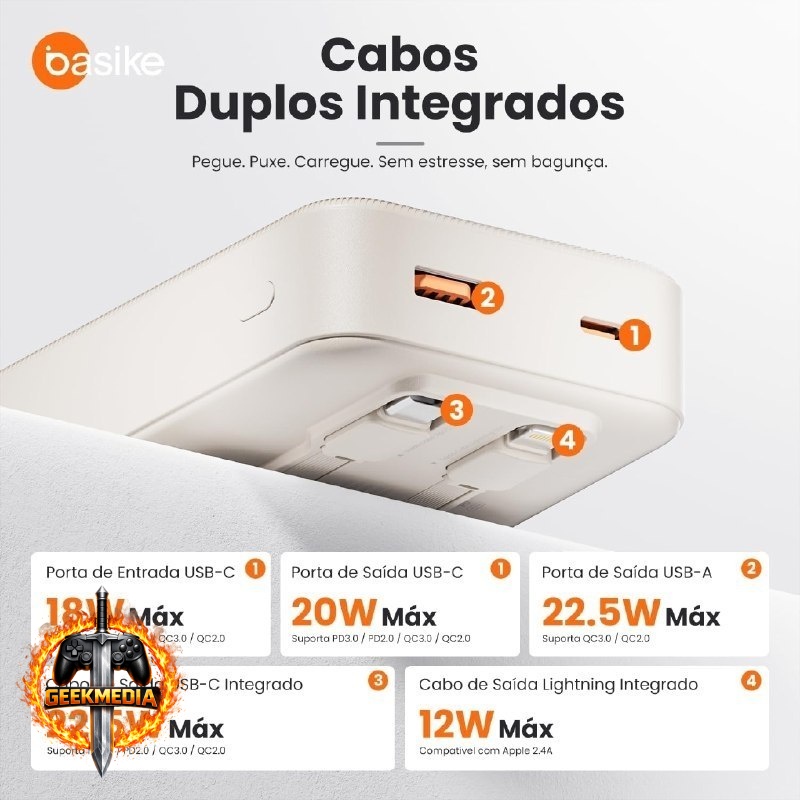 Power Bank Basike 20000mAh com Cabos Integrados