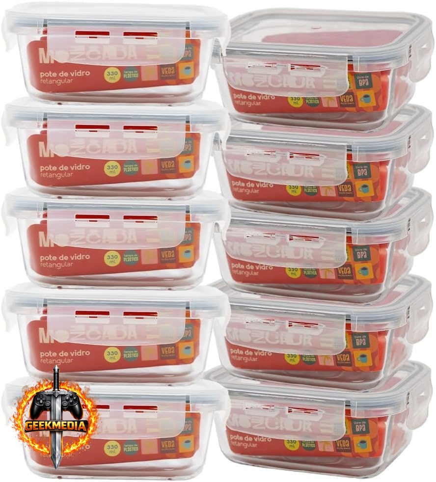 MOZCADA Kit 10 Potes Vidro Marmita Retangular - 330ml Hermético